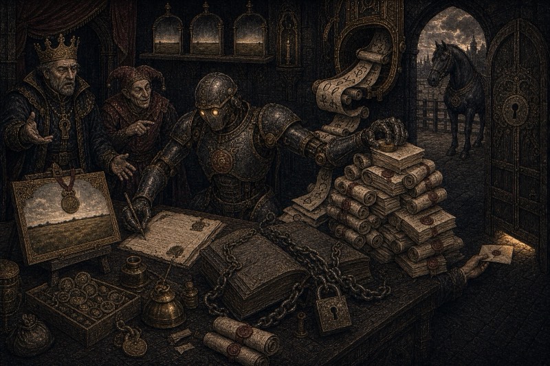 The Signet Ring Afternoon: the golem signs paperwork at the King's desk beside the framed portrait of the field and a mountain of newsletter scrolls, as a note slides under the door