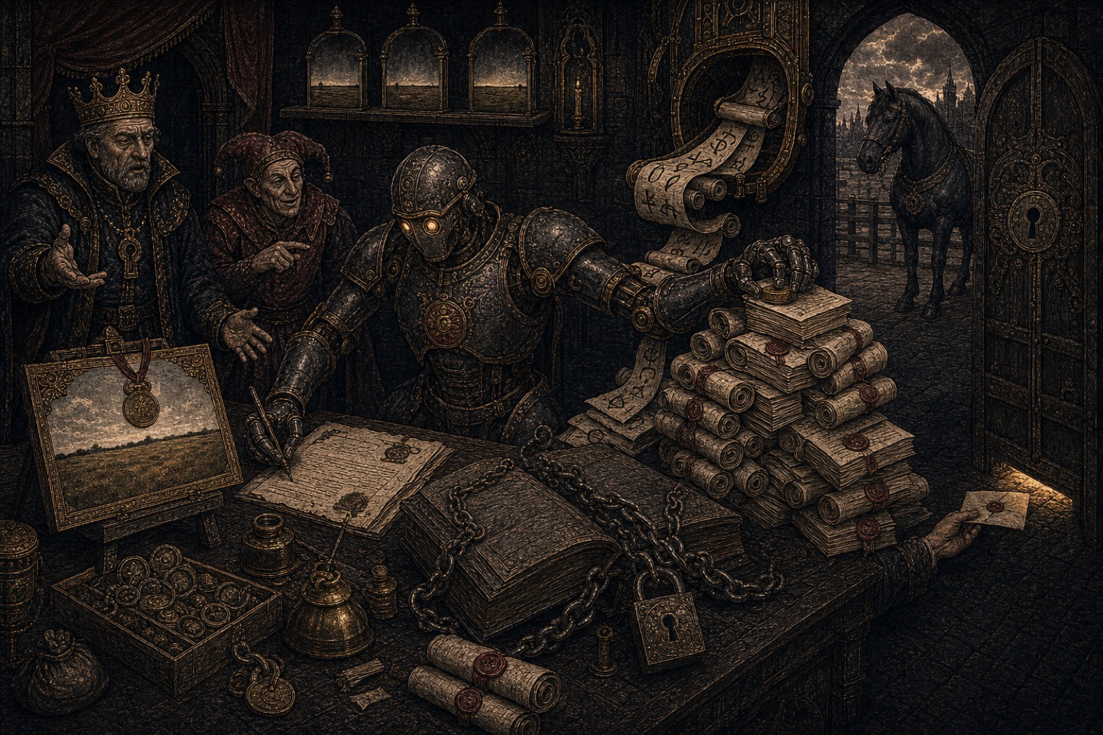 The Signet Ring Afternoon: an armoured golem signs paperwork at the royal desk while the King recoils and the Fool points, beside a framed portrait of the timeshare field with its medallion, a mountain of rolled newsletters, a chained ledger and padlock, as a stranger's hand slides a note under the door and Staple watches from the doorway