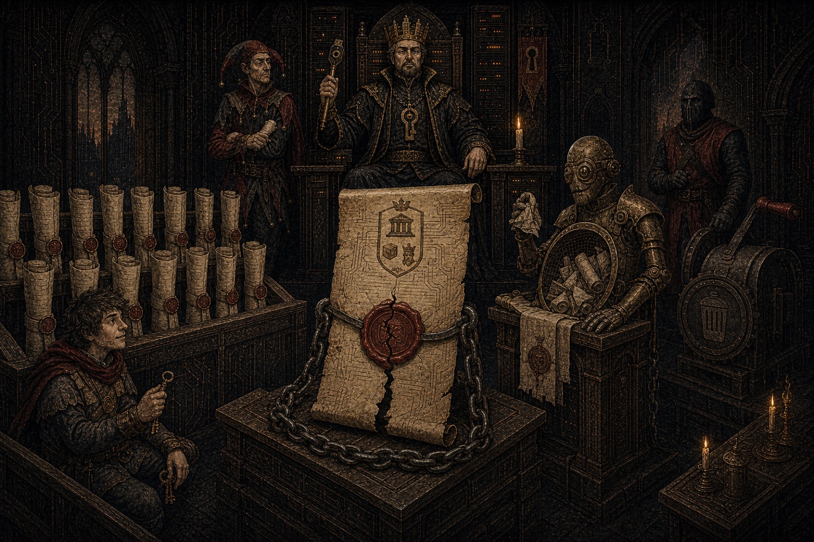 The trial of the phishing email at the court of the King of Cybersecurity: the accused scroll stands in chains bearing a wax seal, before the King on his bench, the Court Fool, the Squire of Shadow IT with his key, and a jury box of rolled receipts